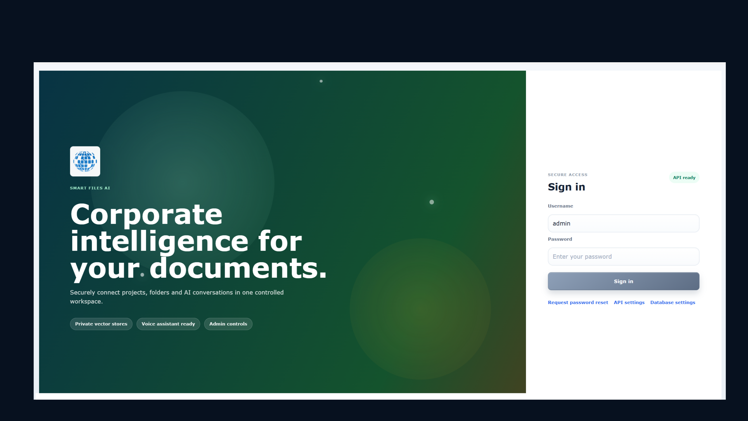 SmartFiles sign-in screen with a platform introduction and secure authentication form.