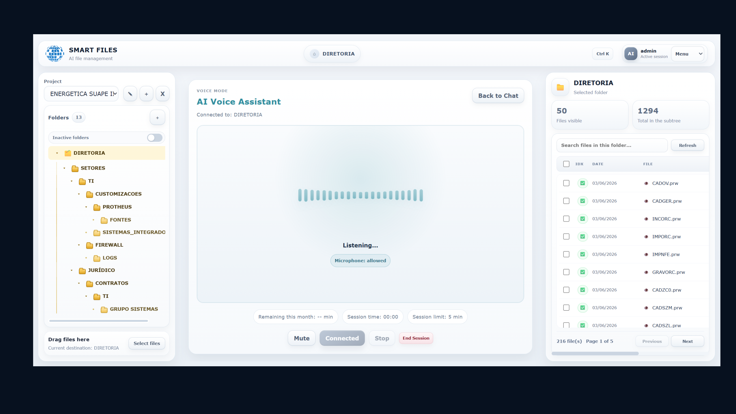 SmartFiles voice assistant connected to the selected folder and listening to a user question.